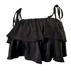 Camellia Black Layered Flounce Crop Top Womens L Tie Spaghetti Straps Polyester